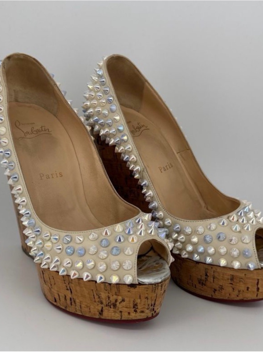 Christian Louboutin Ivory Studded Cork Platform Peep-Toe Pumps